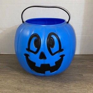 Vtg General Foam Plastics Blue Pumpkin Jack O Lantern Candy Bucket Blow Mold